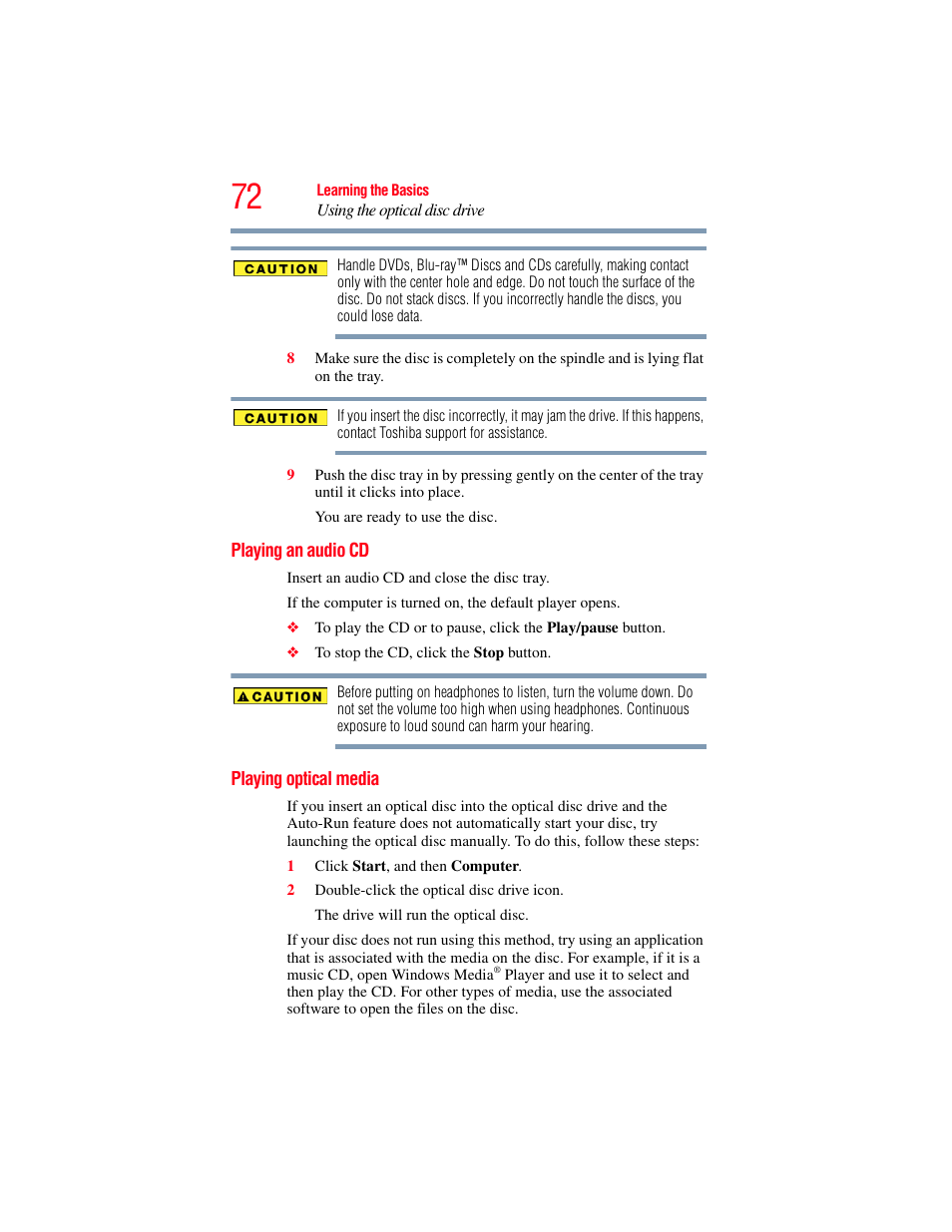 Playing an audio cd, Playing optical media, Playing an audio cd playing optical media | Toshiba LX800 User Manual | Page 72 / 159