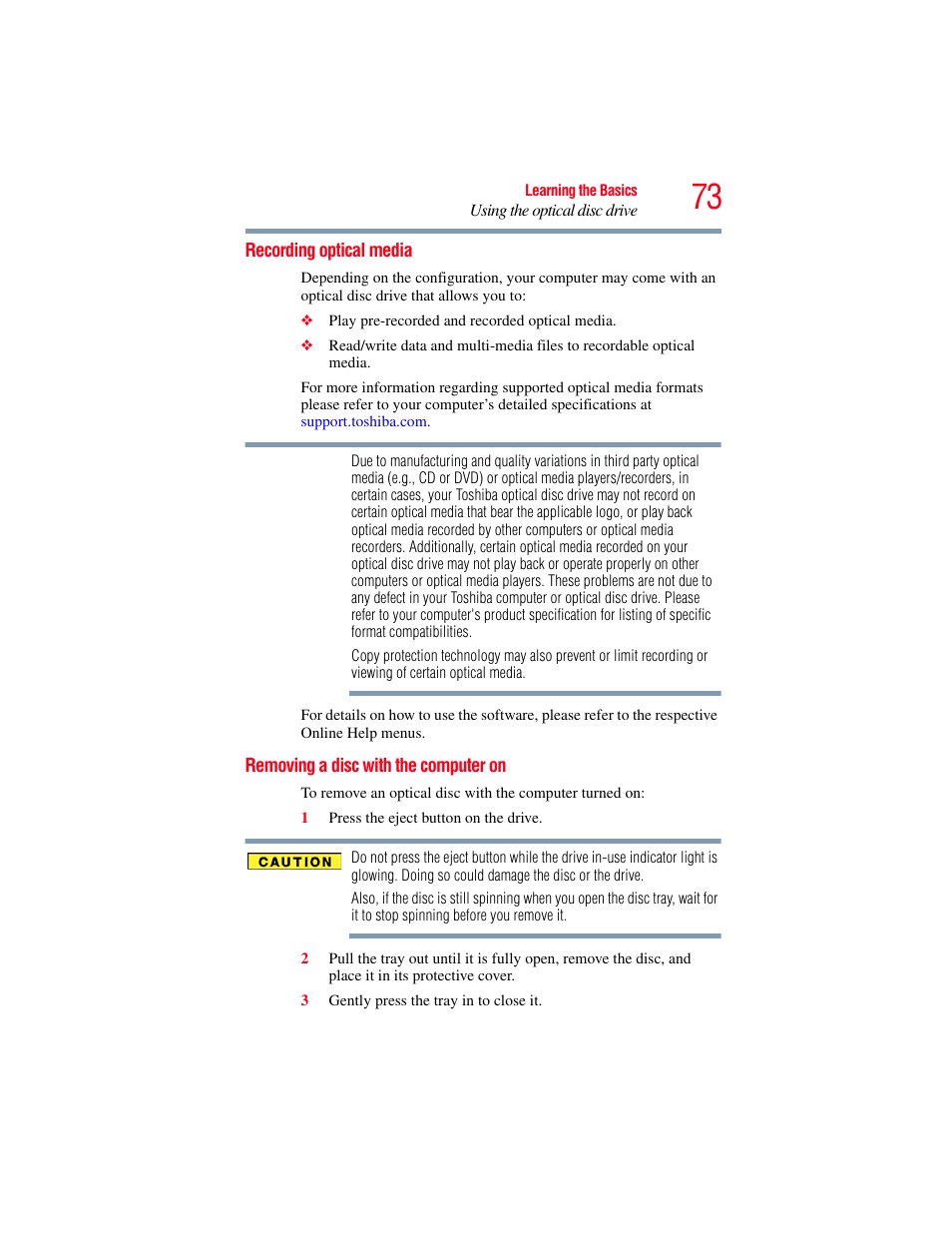 Recording optical media, Removing a disc with the computer on | Toshiba LX800 User Manual | Page 73 / 159