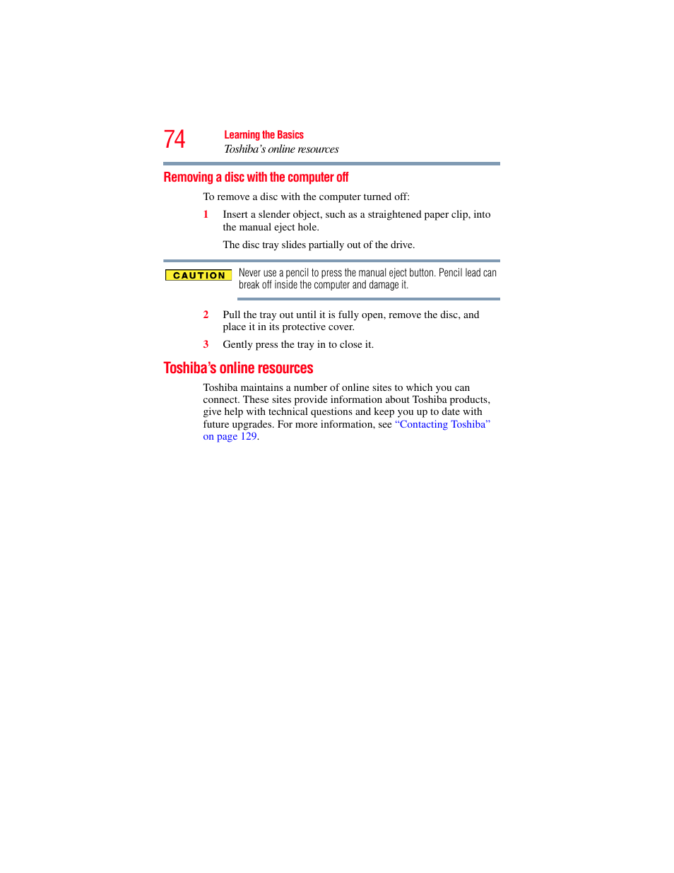 Removing a disc with the computer off, Toshiba’s online resources | Toshiba LX800 User Manual | Page 74 / 159