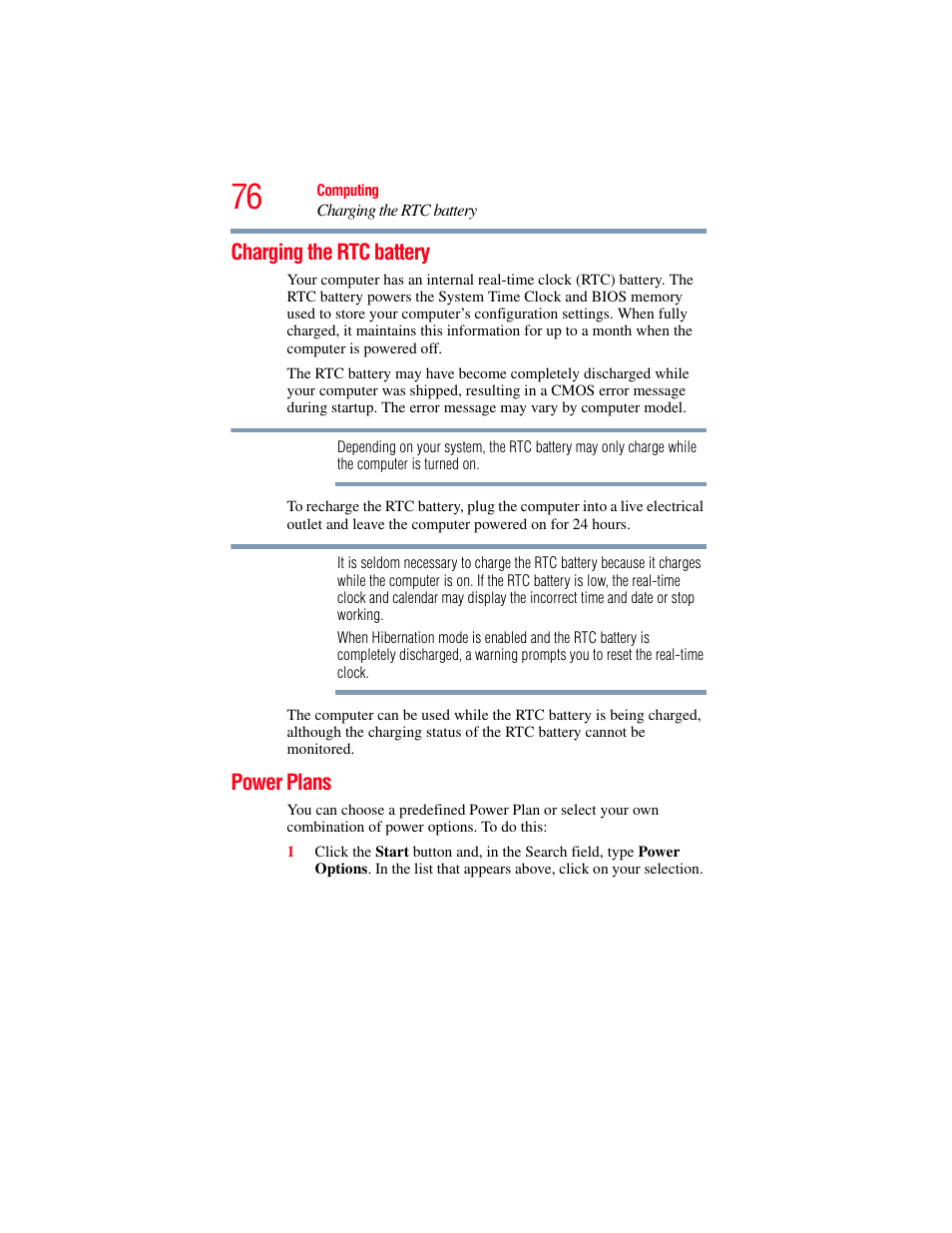 Charging the rtc battery, Power plans, Charging the rtc battery power plans | There are | Toshiba LX800 User Manual | Page 76 / 159