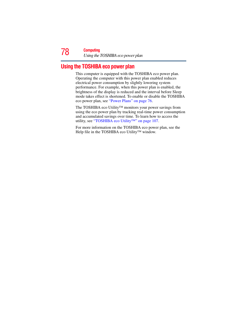 Using the toshiba eco power plan | Toshiba LX800 User Manual | Page 78 / 159