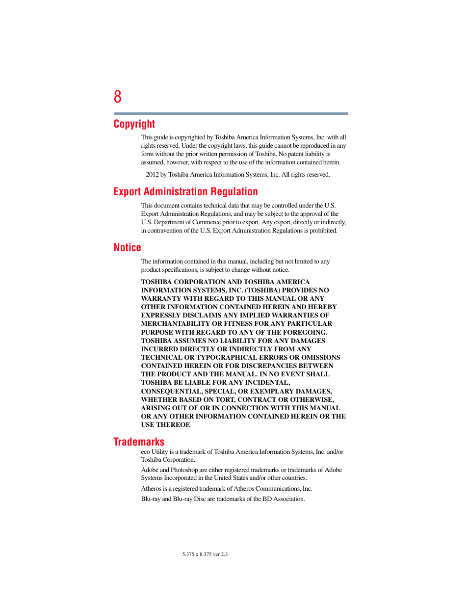 Copyright, Export administration regulation, Notice | Trademarks | Toshiba LX800 User Manual | Page 8 / 159