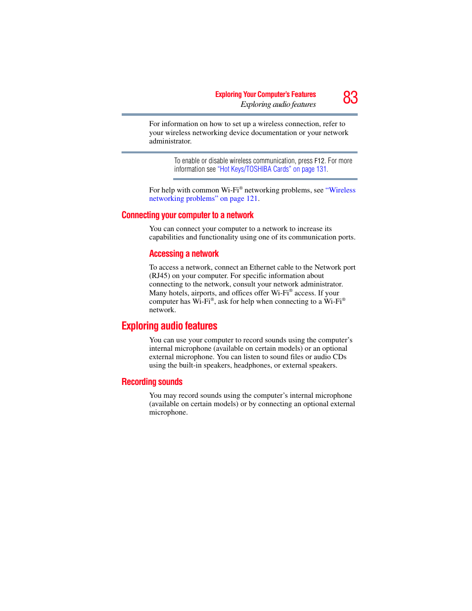 Connecting your computer to a network, Exploring audio features, Recording sounds | Toshiba LX800 User Manual | Page 83 / 159