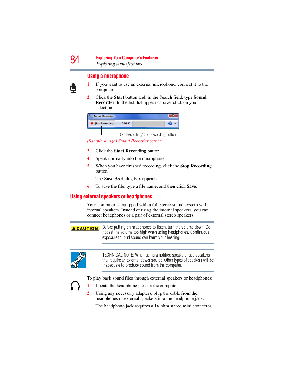 Using external speakers or headphones | Toshiba LX800 User Manual | Page 84 / 159