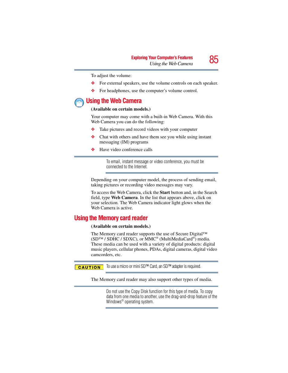 Using the web camera, Using the memory card reader, Using the web camera using the memory card reader | Toshiba LX800 User Manual | Page 85 / 159