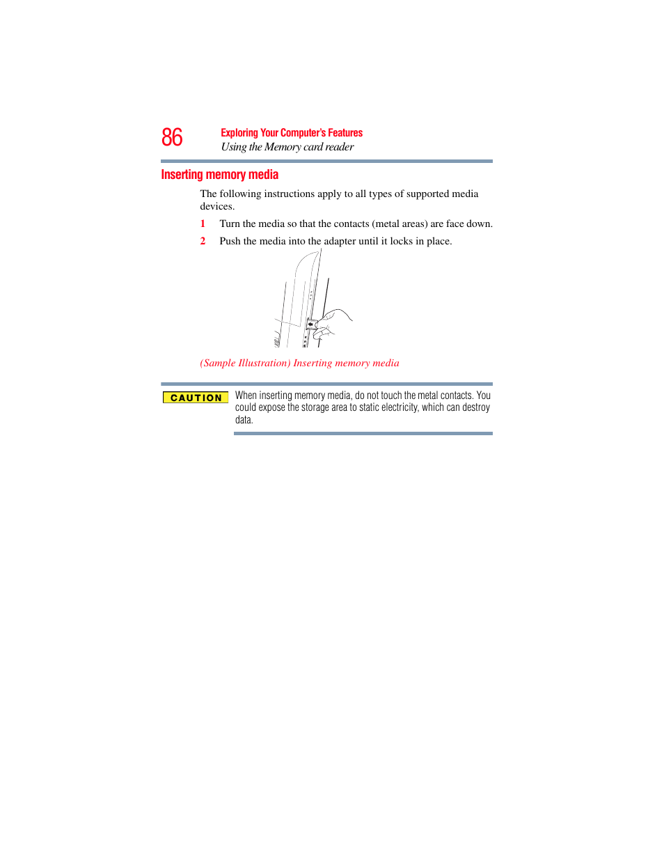 Inserting memory media | Toshiba LX800 User Manual | Page 86 / 159