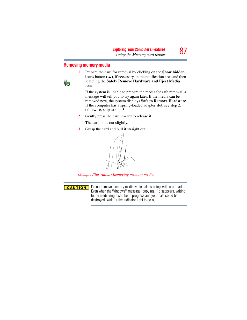 Removing memory media | Toshiba LX800 User Manual | Page 87 / 159