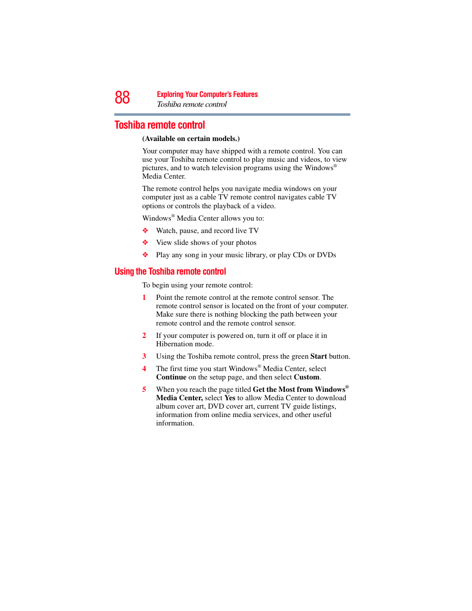 Toshiba remote control, Using the toshiba remote control | Toshiba LX800 User Manual | Page 88 / 159