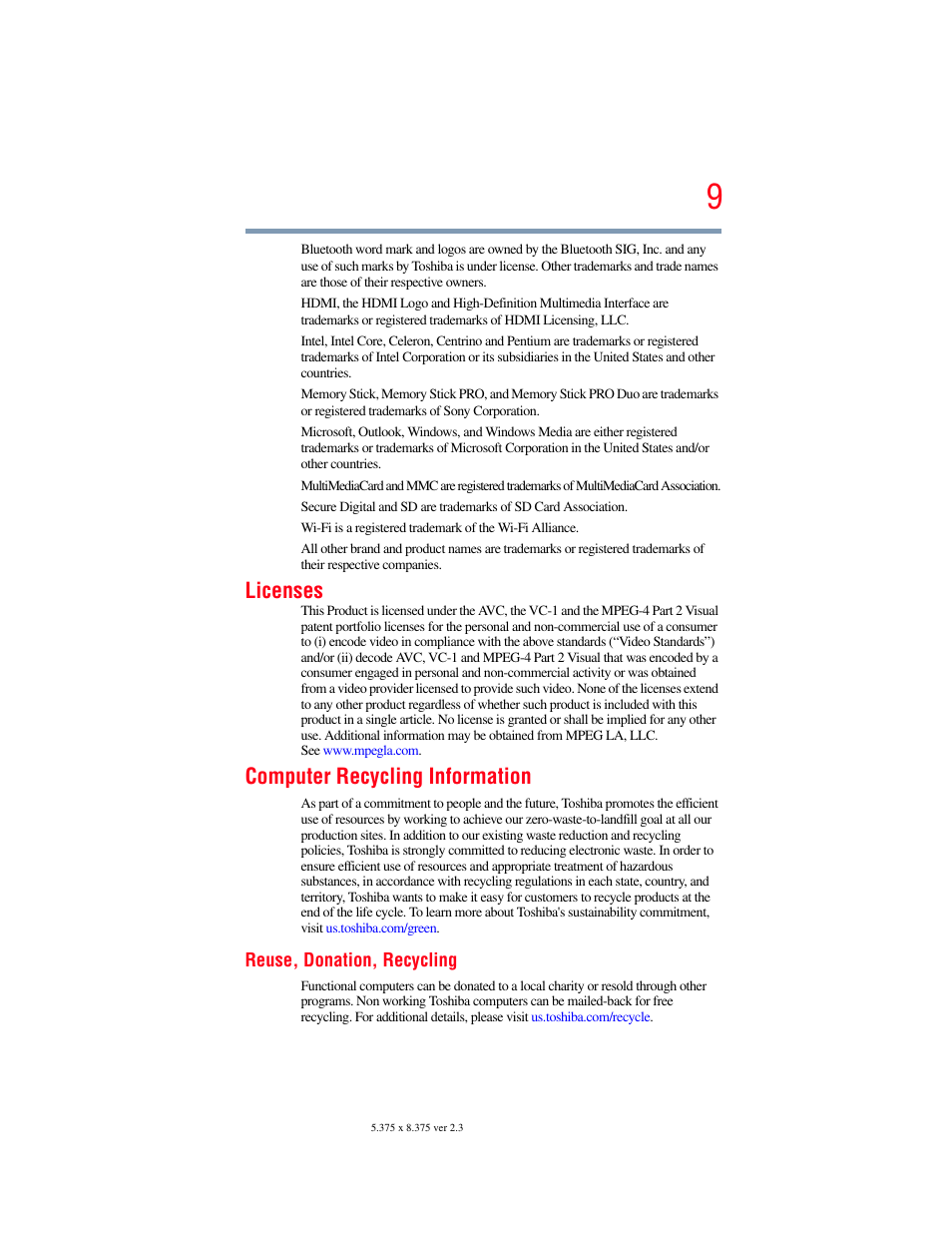 Licenses, Computer recycling information | Toshiba LX800 User Manual | Page 9 / 159