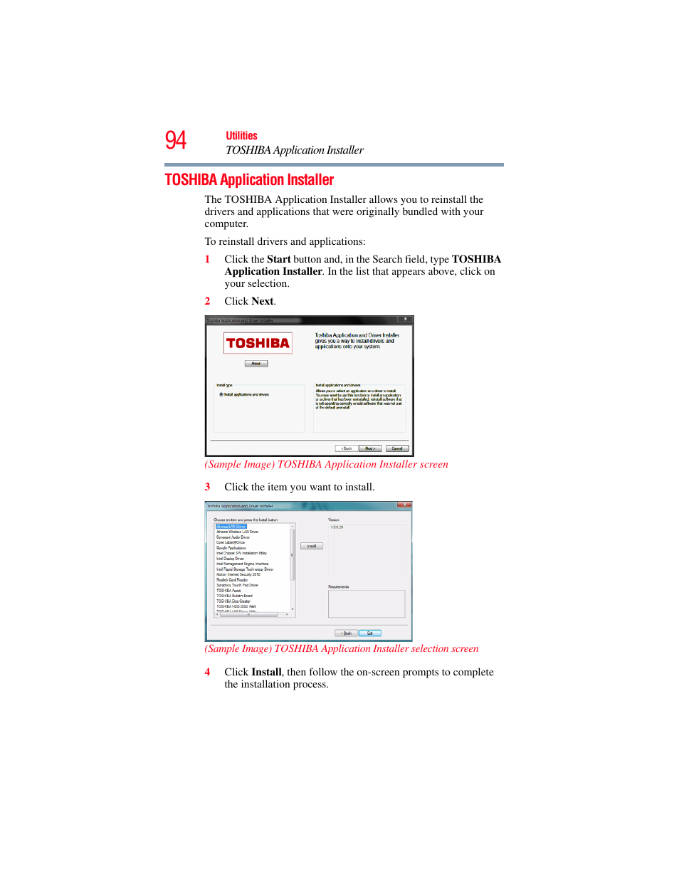 Toshiba application installer | Toshiba LX800 User Manual | Page 94 / 159