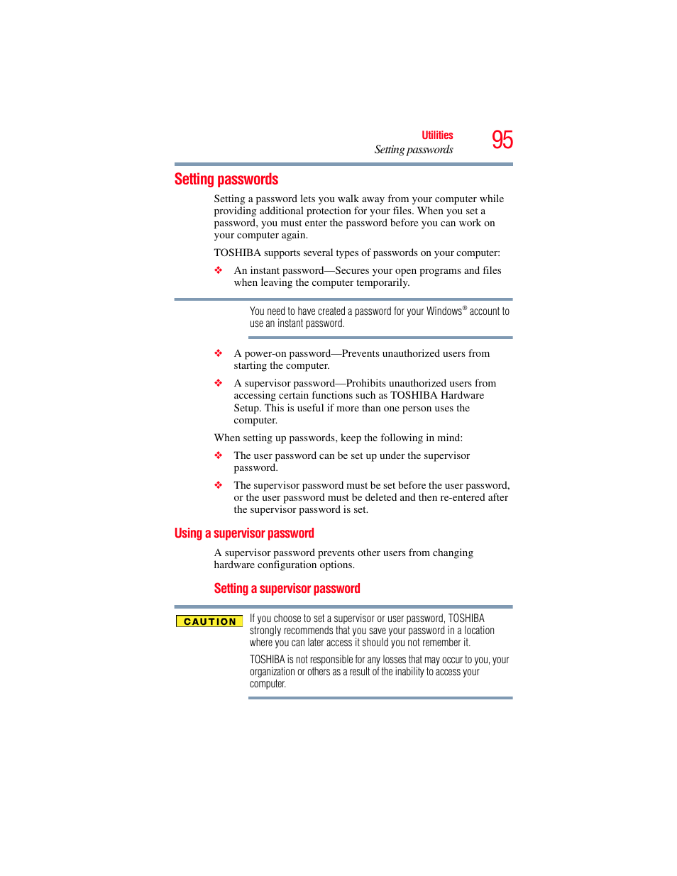 Setting passwords, Using a supervisor password, Supervisor password | Toshiba LX800 User Manual | Page 95 / 159