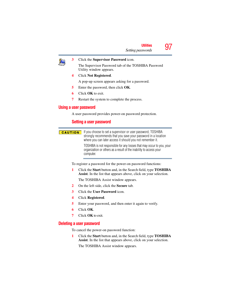 Using a user password, Deleting a user password, Using a user password deleting a user password | User password | Toshiba LX800 User Manual | Page 97 / 159