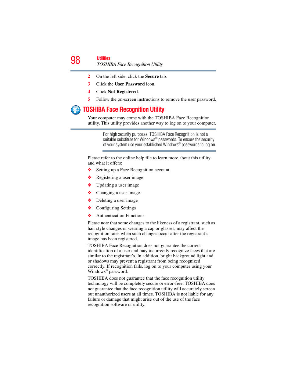 Toshiba face recognition utility | Toshiba LX800 User Manual | Page 98 / 159