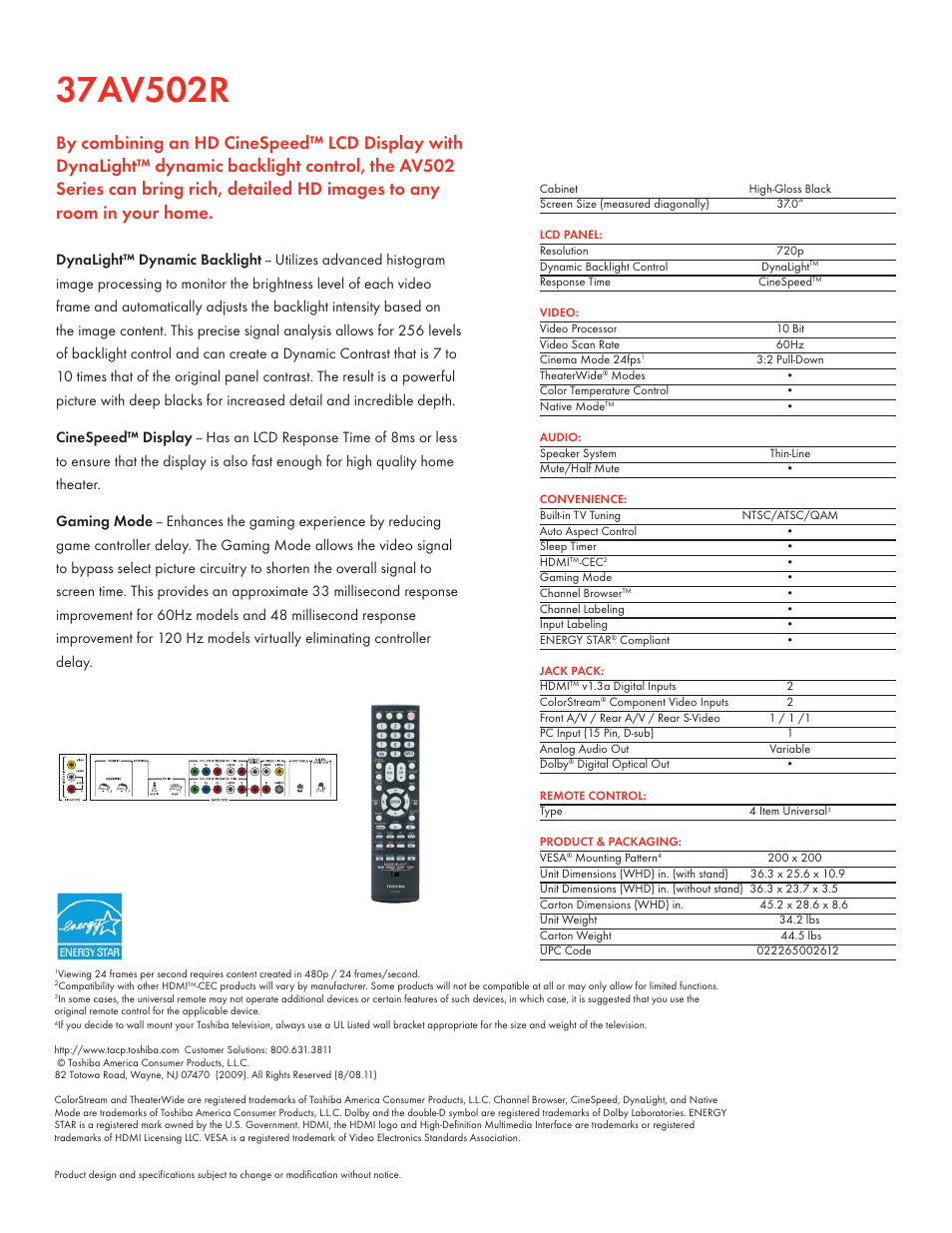 Toshiba 37AV502R User Manual | Page 2 / 2