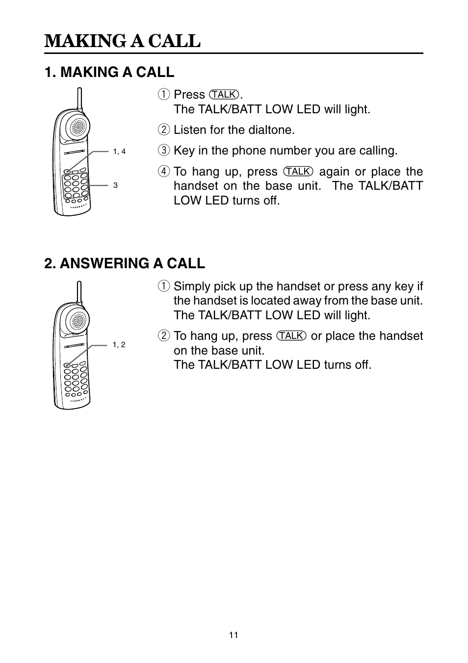 Making a call, Answering a call | Toshiba FT-8001 AW User Manual | Page 12 / 20