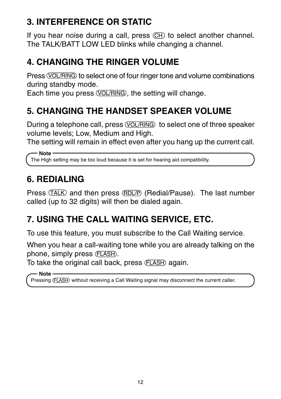 Interference or static, Changing the ringer volume, Changing the handset speaker volume | Redialing, Using the call waiting service, etc | Toshiba FT-8001 AW User Manual | Page 13 / 20