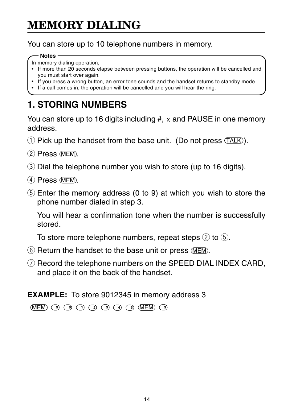 Memory dialing, Storing numbers, W press | Toshiba FT-8001 AW User Manual | Page 15 / 20