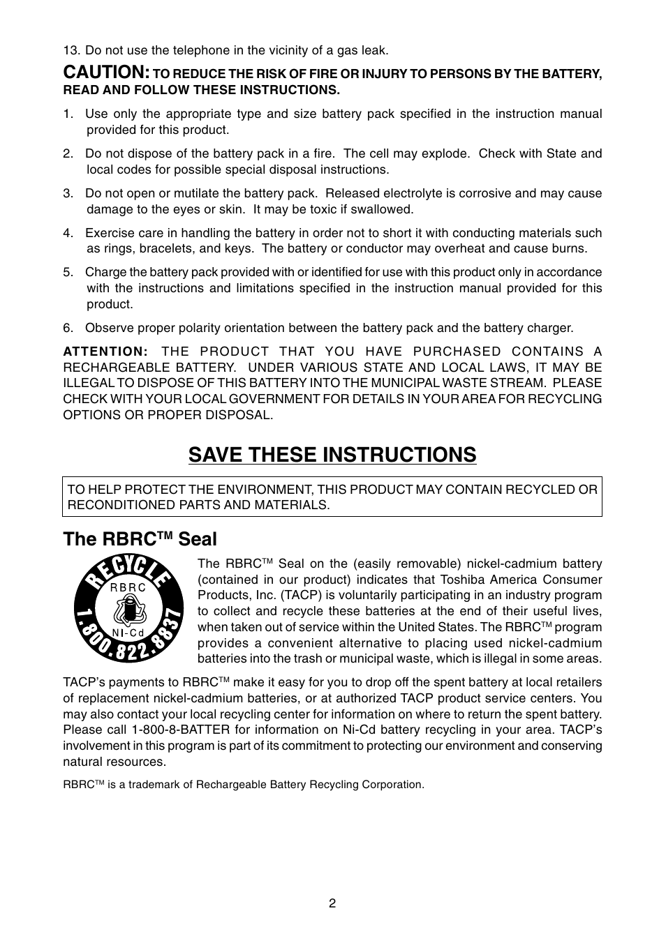 Save these instructions, The rbrc, Seal | Caution | Toshiba FT-8001 AW User Manual | Page 3 / 20