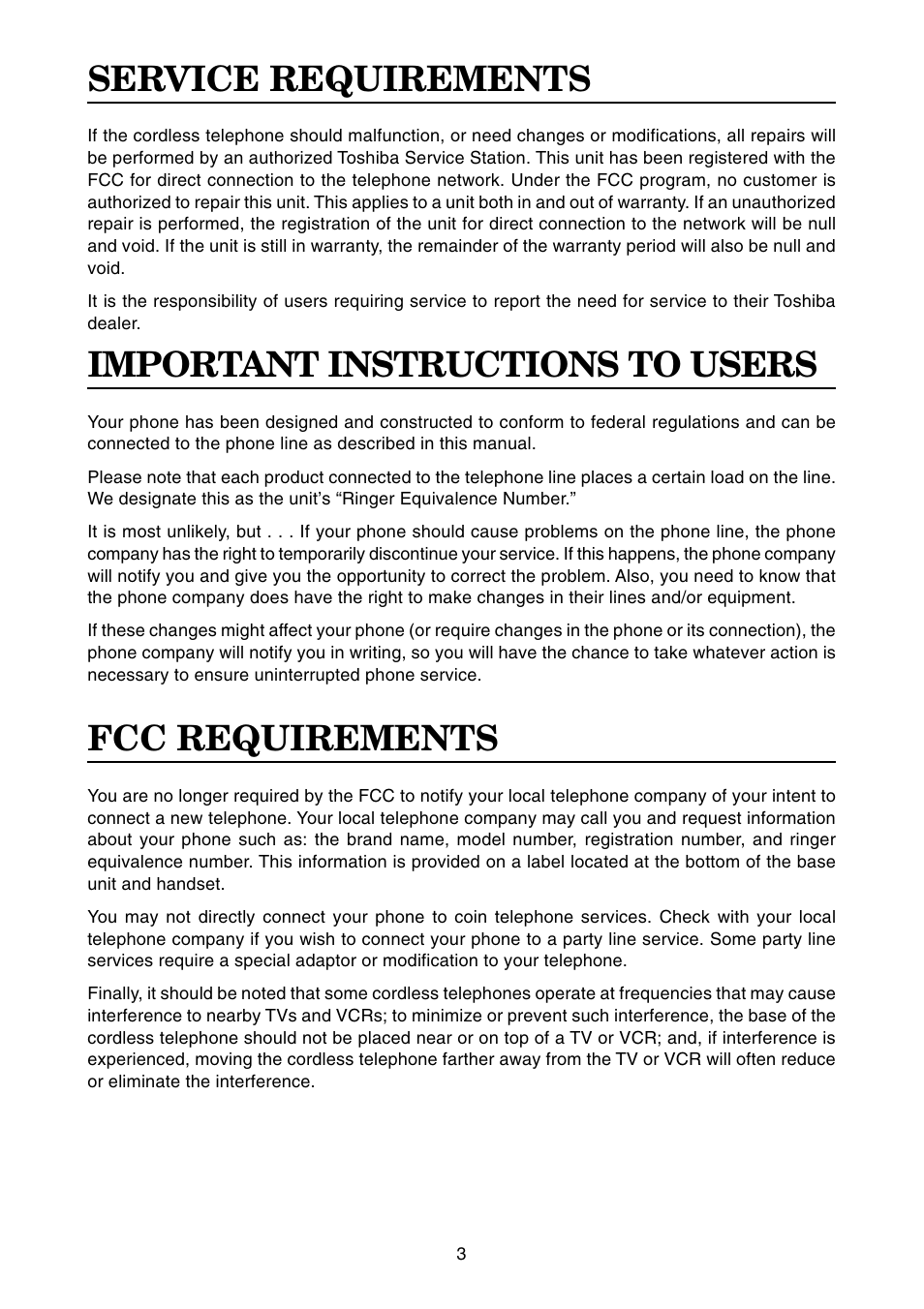 Service requirements, Important instructions to users, Fcc requirements | Toshiba FT-8001 AW User Manual | Page 4 / 20