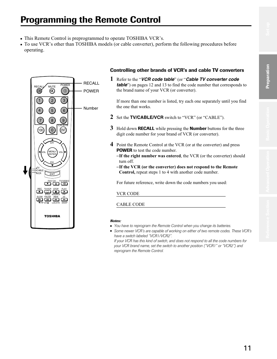 Programming the remote control | Toshiba 27A50 User Manual | Page 11 / 38