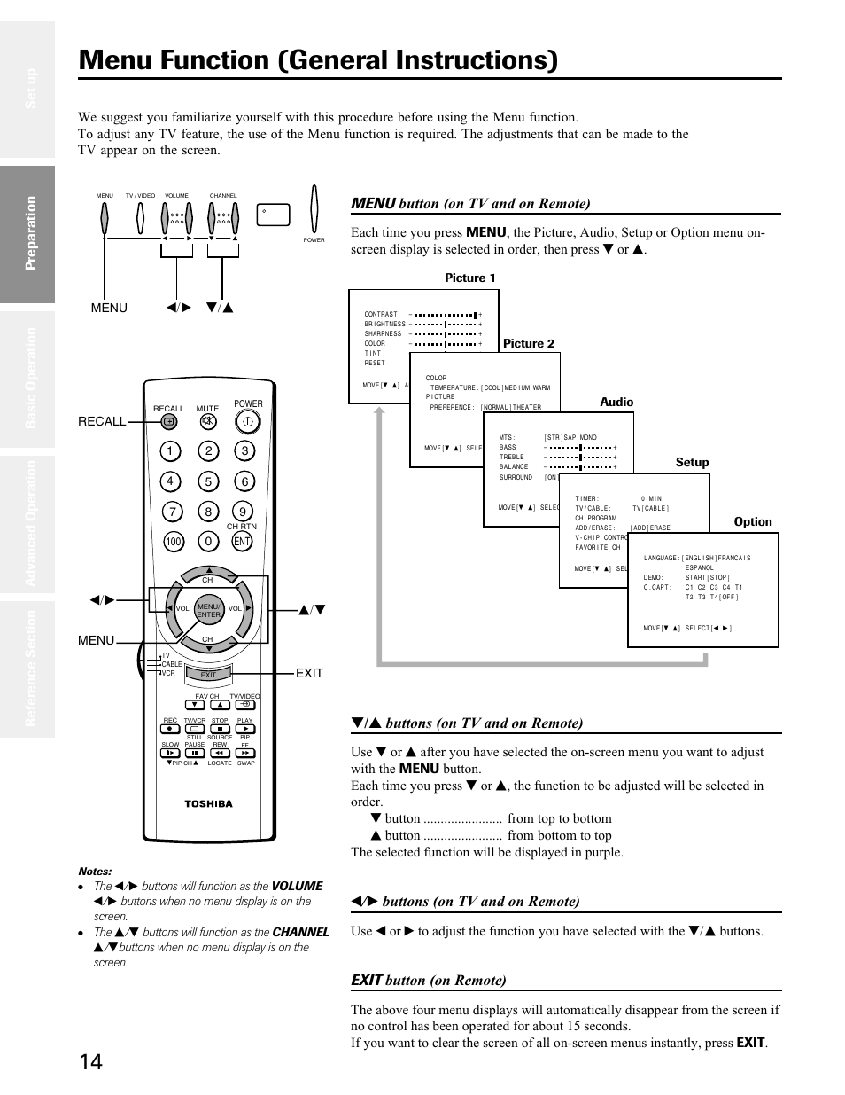 Menu function - general instructions, Menu function (general instructions), Menu button (on tv and on remote) | Buttons (on tv and on remote), T / s buttons (on tv and on remote), Exit button (on remote), T/s t/s, S/t t/s, Preparation, Menu | Toshiba 27A50 User Manual | Page 14 / 38