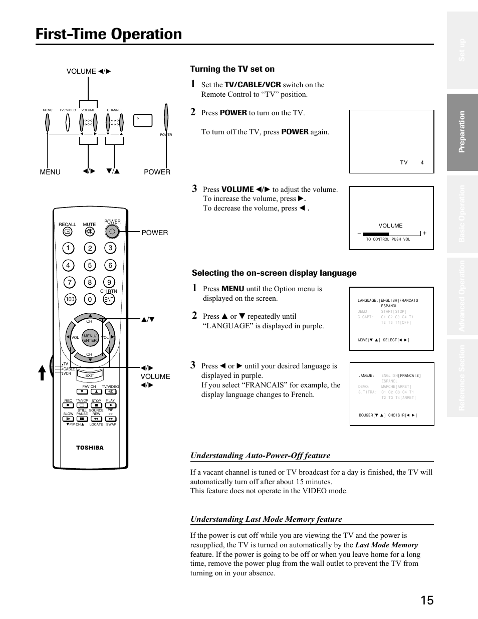 First time operation, First-time operation, Turning the tv set on | Selecting the on-screen display language, Understanding auto-power-off feature, Preparation | Toshiba 27A50 User Manual | Page 15 / 38