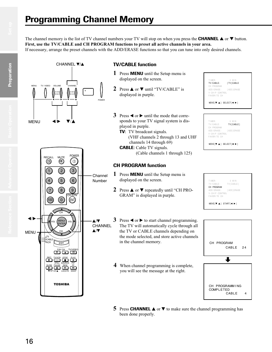 Programming channel memory, Tv/cable function, Ch program function | T/s t/s, Preparation | Toshiba 27A50 User Manual | Page 16 / 38