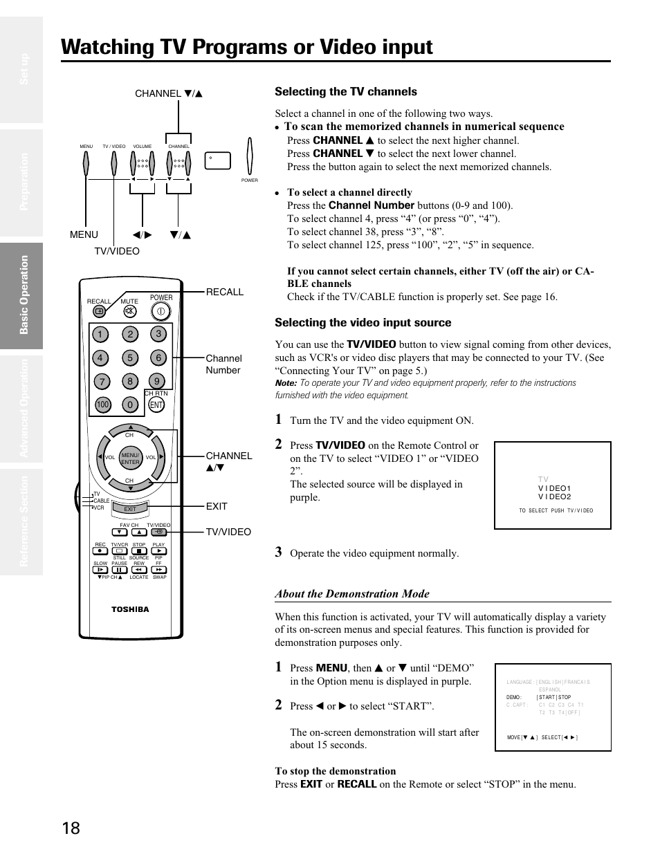 Basic operation, Watching tv prgrams or video input, Watching tv programs or video input | Selecting the tv channels, Selecting the video input source, About the demonstration mode, T/s t/s, Select a channel in one of the following two ways, Turn the tv and the video equipment on, Operate the video equipment normally | Toshiba 27A50 User Manual | Page 18 / 38