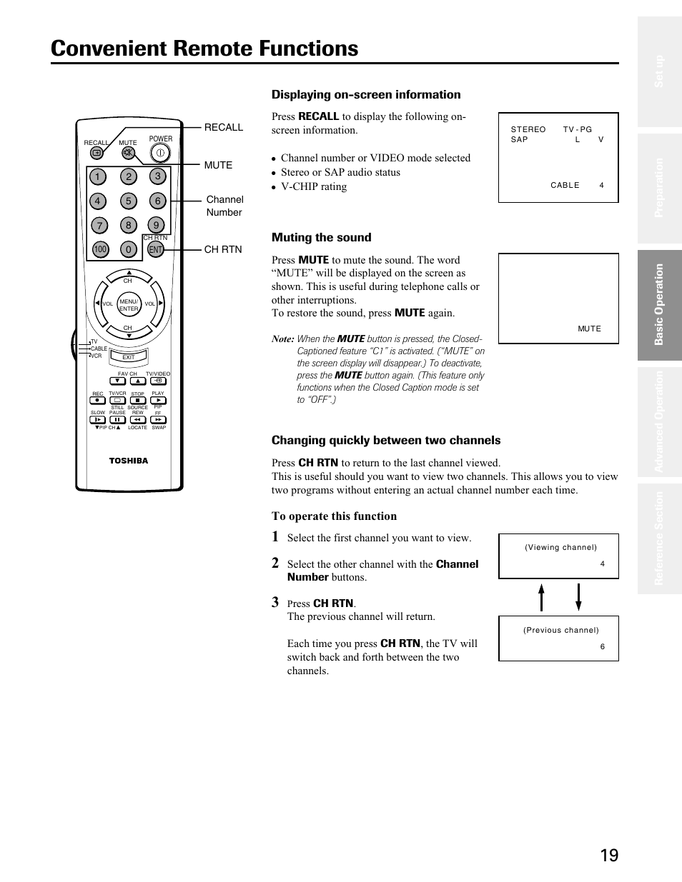 Convenient remote functions, Muting the sound | Toshiba 27A50 User Manual | Page 19 / 38