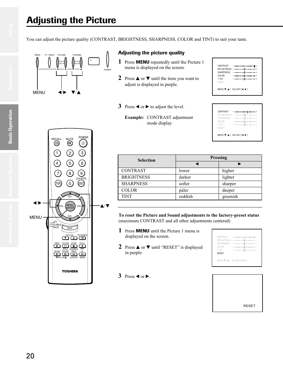 Adjusting the picture, Adjusting the picture quality, Press s or t until “reset” is displayed in purple | Press t or s, T/s t/s, Basic operation | Toshiba 27A50 User Manual | Page 20 / 38