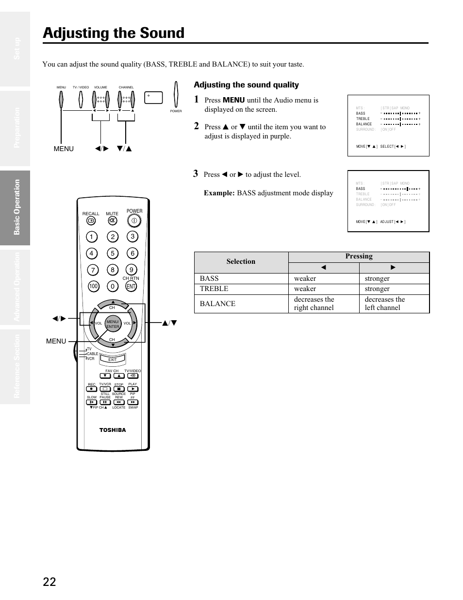 Adjusting the sound, Adjusting the sound quality, Basic operation | Toshiba 27A50 User Manual | Page 22 / 38