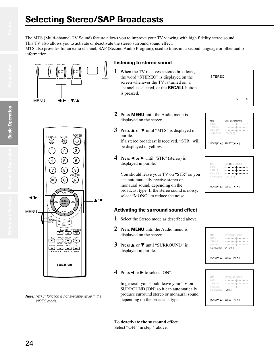 Selecting stereo/sap broadcasts, Listening to stereo sound, Activating the surround sound effect | Select the stereo mode as described above, T/s t/s, Basic operation, Menu | Toshiba 27A50 User Manual | Page 24 / 38