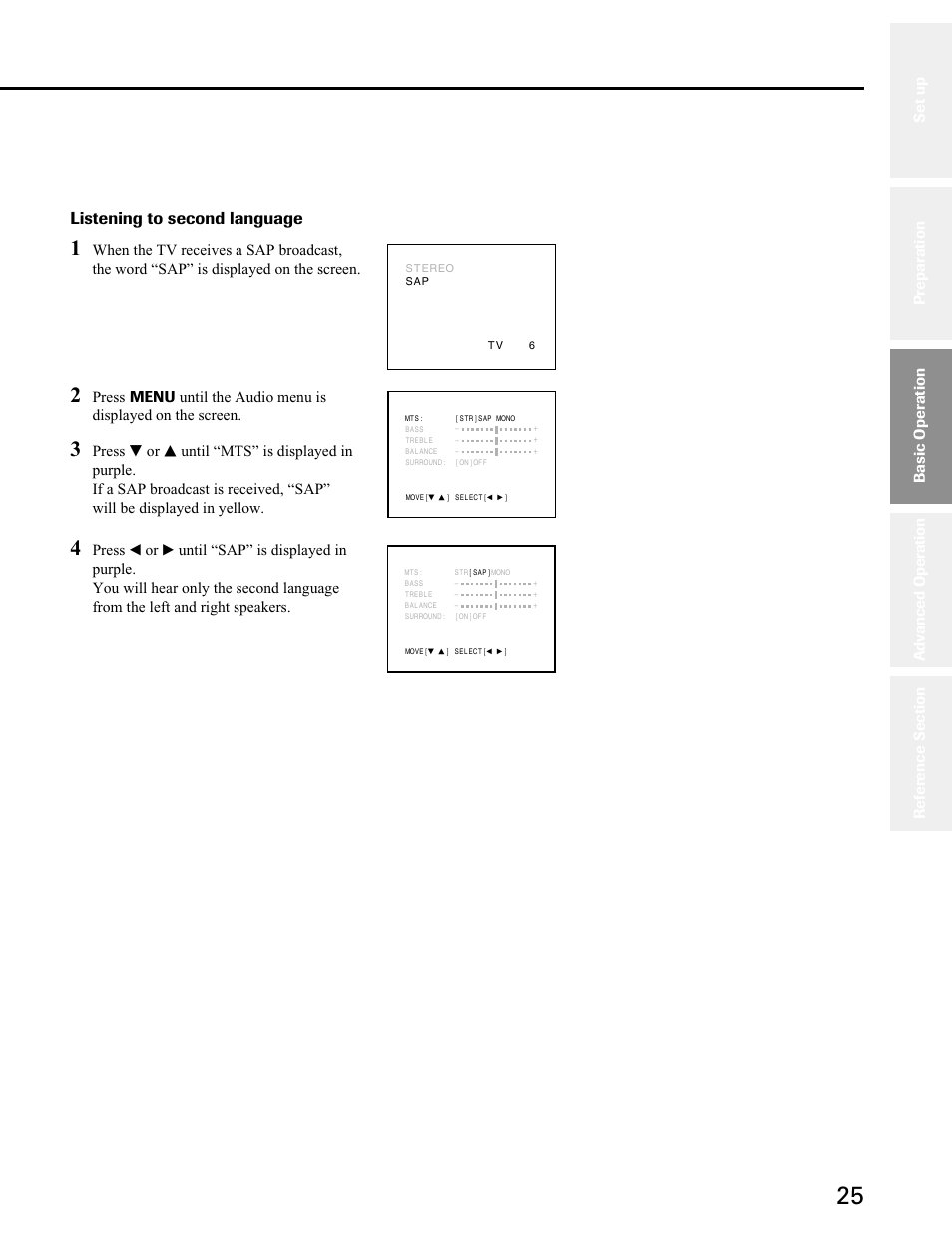 Listening to second language, Basic operation | Toshiba 27A50 User Manual | Page 25 / 38