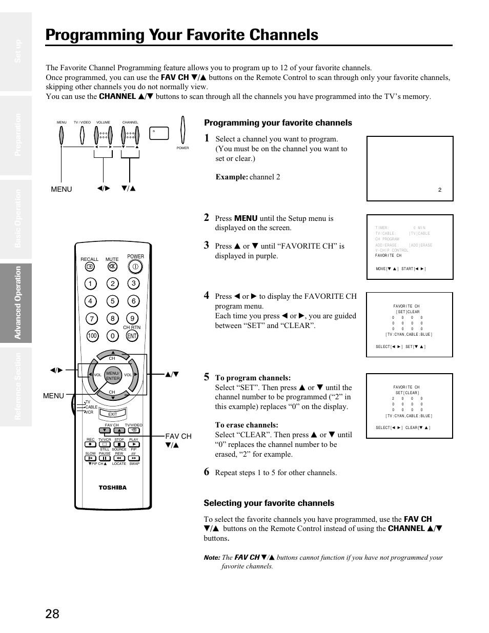 Programming your favorite channels, Selecting your favorite channels, Repeat steps 1 to 5 for other channels | Advanced operation | Toshiba 27A50 User Manual | Page 28 / 38