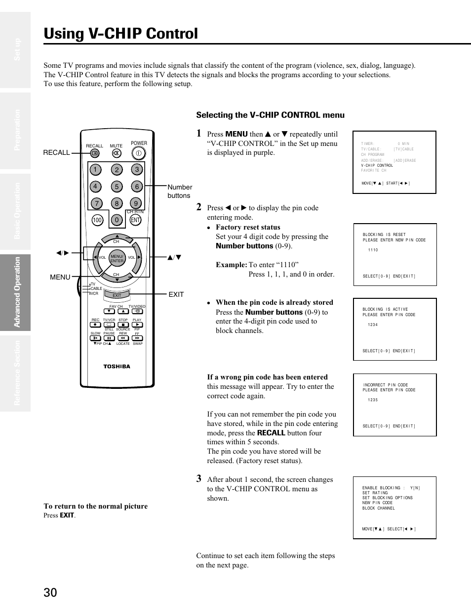 Using v-chip control, Selecting the v-chip control menu, Press t or s to display the pin code entering mode | Advanced operation | Toshiba 27A50 User Manual | Page 30 / 38