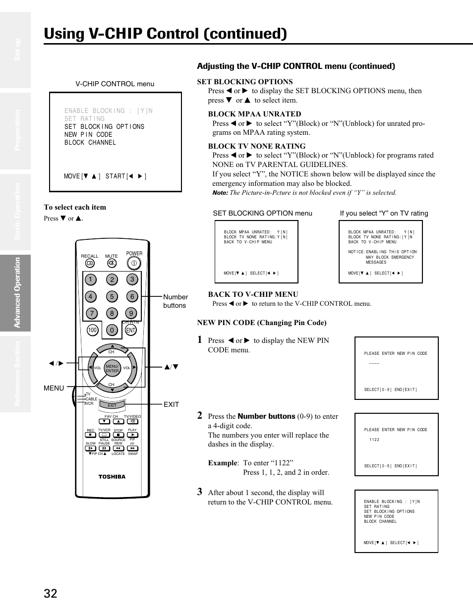 Using v-chip control (continued), Adjusting the v-chip control menu (continued), Back to v-chip menu | New pin code (changing pin code), Press t or s to display the new pin code menu, Advanced operation | Toshiba 27A50 User Manual | Page 32 / 38