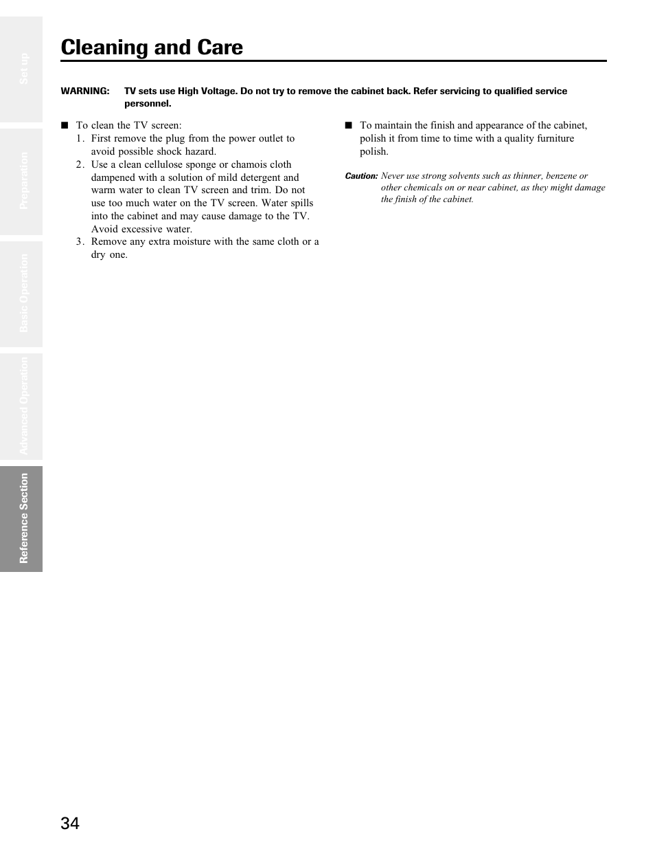 Reference section, Cleaning and care | Toshiba 27A50 User Manual | Page 34 / 38