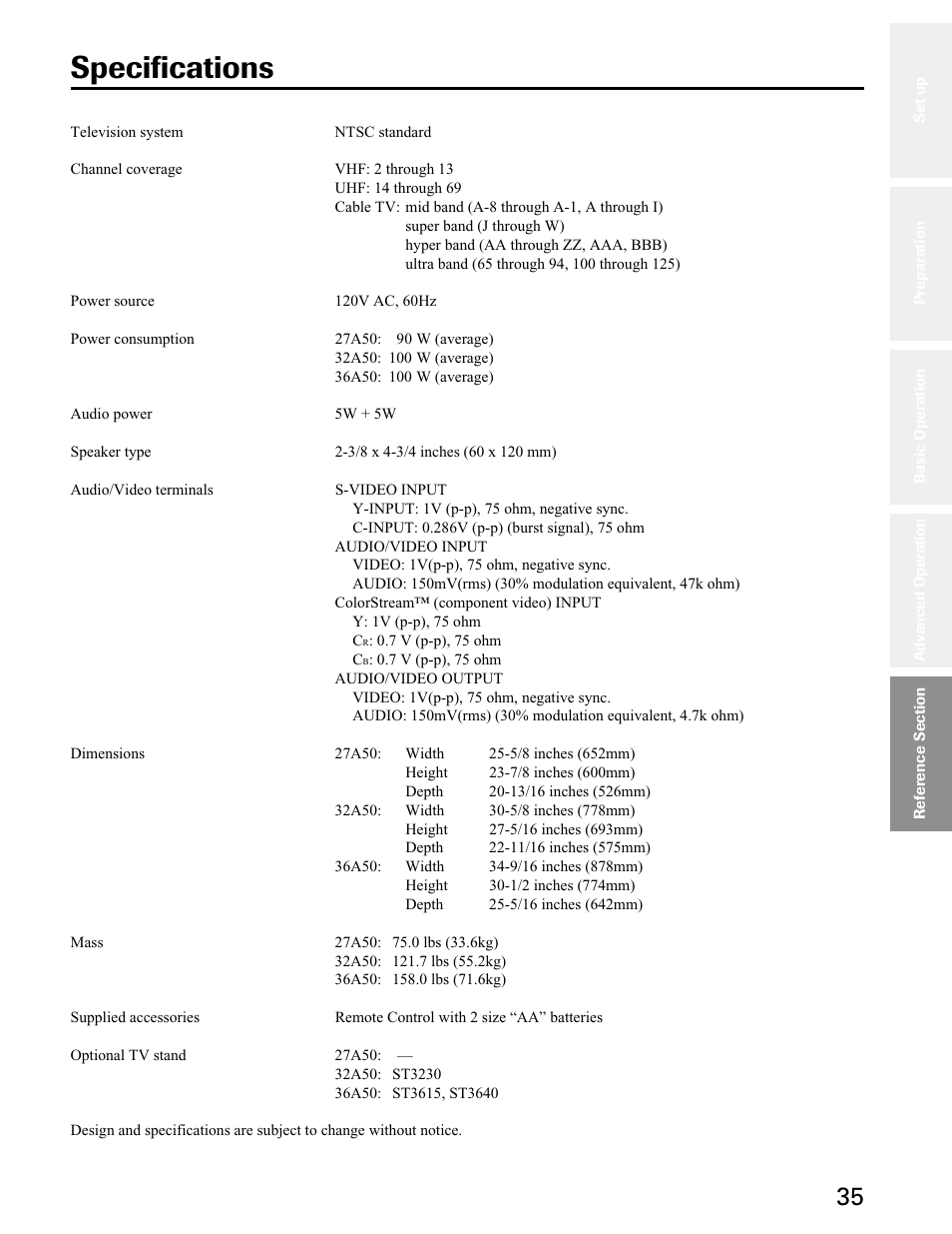 Specifications | Toshiba 27A50 User Manual | Page 35 / 38