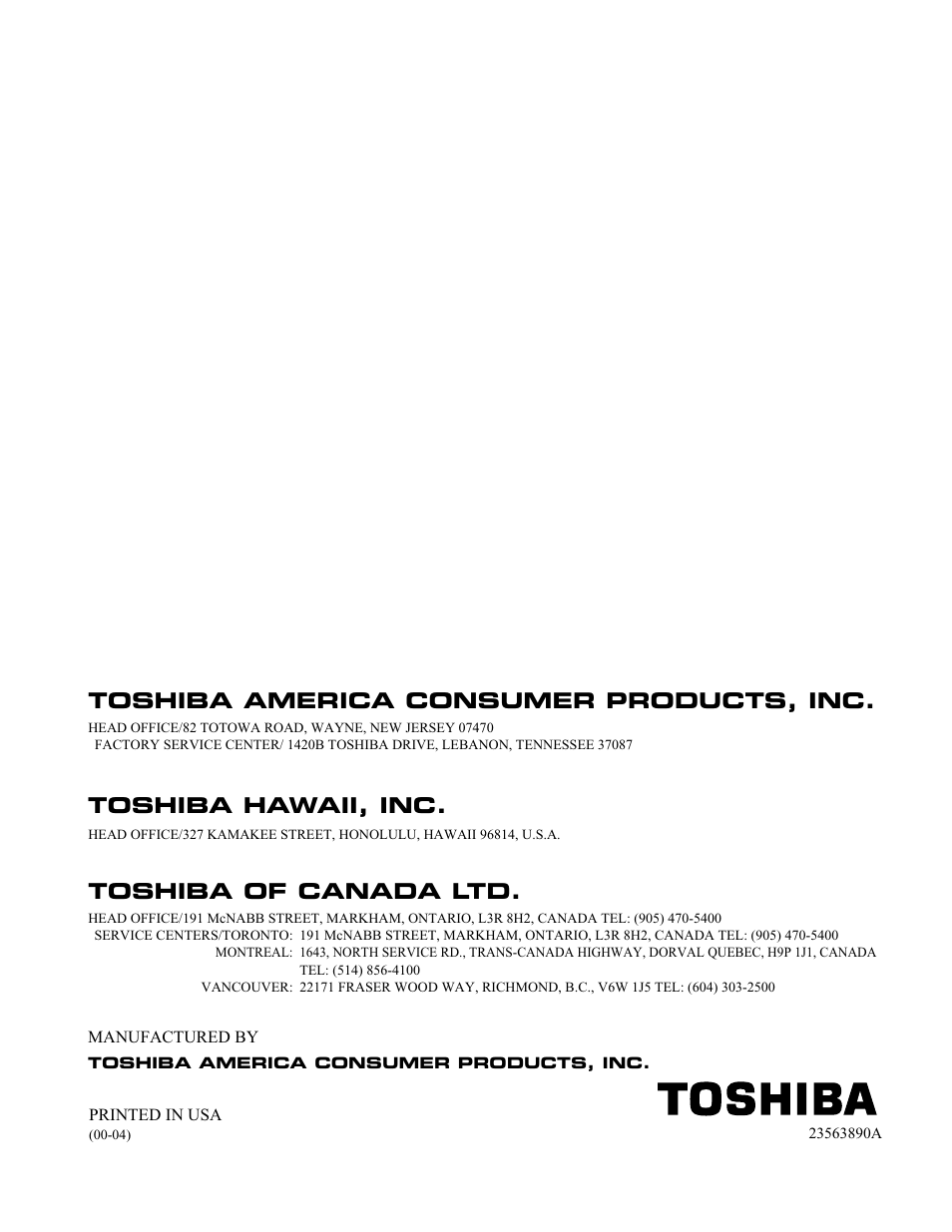 Back cover, Toshiba hawaii, inc, Toshiba of canada ltd | Toshiba america consumer products, inc | Toshiba 27A50 User Manual | Page 38 / 38