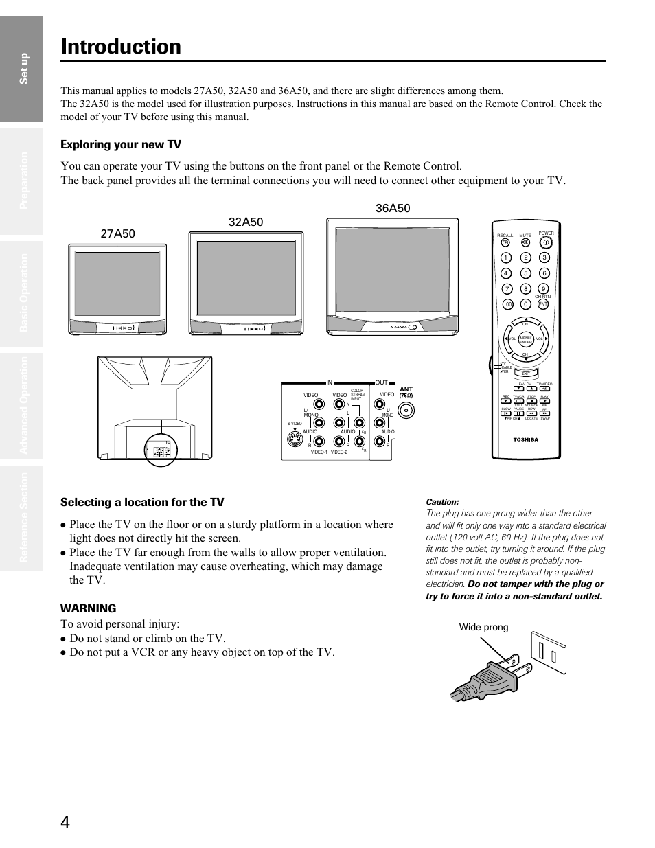 Set up, Introduction, Selecting a location for the tv | Do not stand or climb on the tv, Wide prong | Toshiba 27A50 User Manual | Page 4 / 38