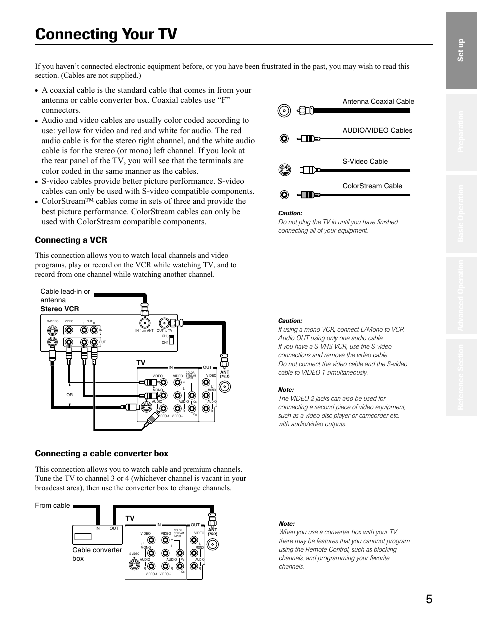 Connecting your tv, Connecting a vcr, Connecting a cable converter box | Set up, Colorstream cable | Toshiba 27A50 User Manual | Page 5 / 38