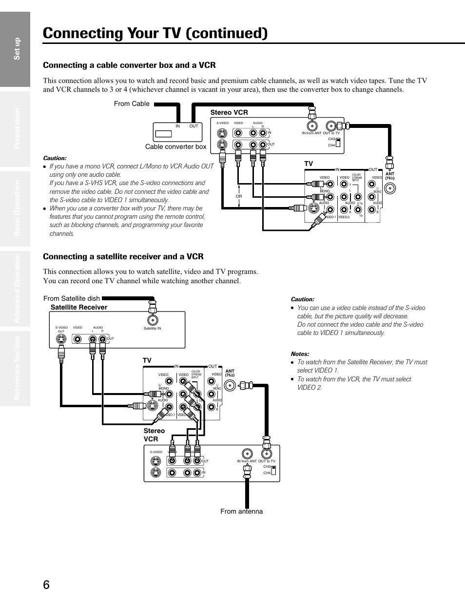 Converter box and vcr - satellite receiver and vcr, Connecting your tv (continued), Connecting a cable converter box and a vcr | Connecting a satellite receiver and a vcr, Set up | Toshiba 27A50 User Manual | Page 6 / 38