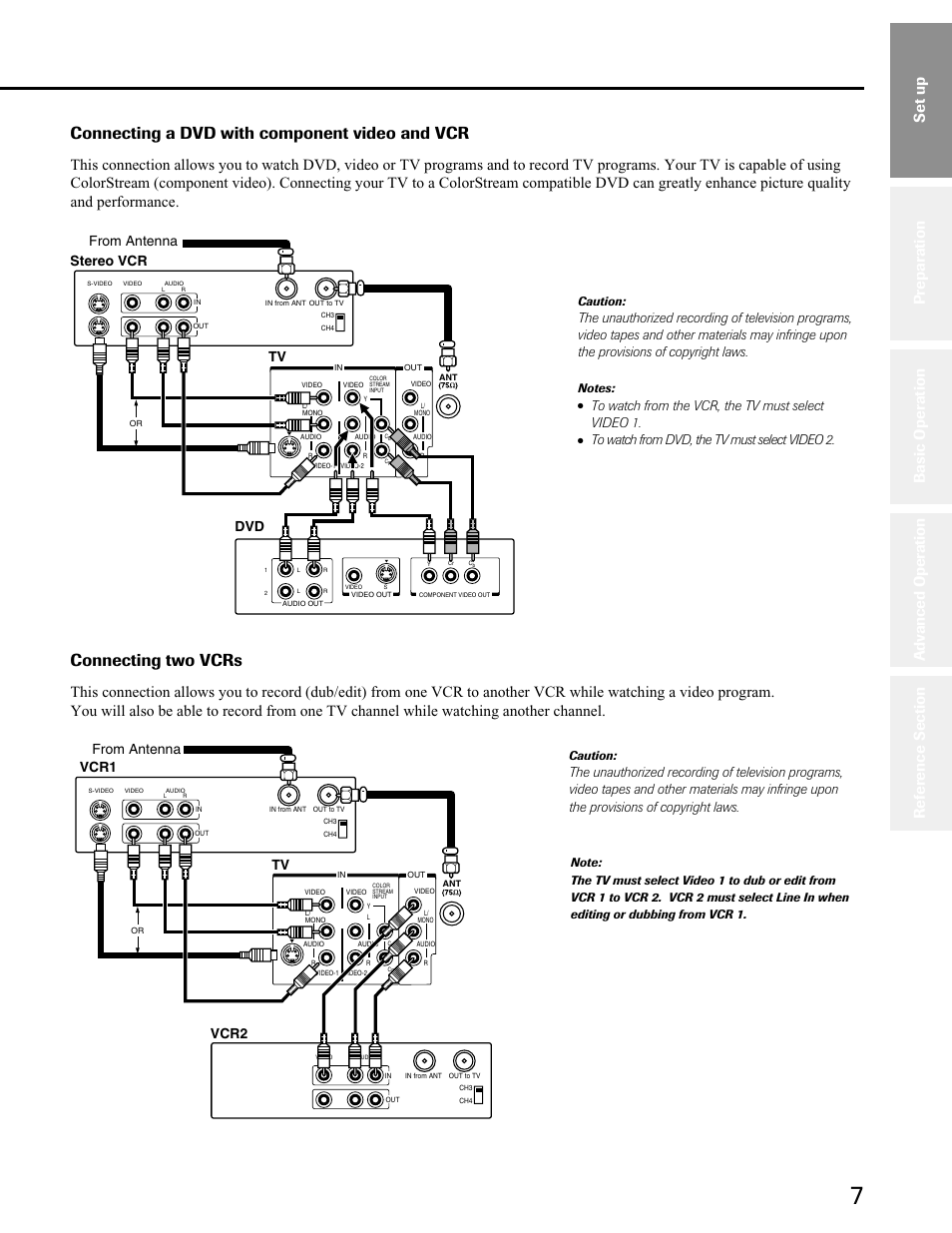 Dvd with component video and vcr - two vcrs, Connecting a dvd with component video and vcr, Connecting two vcrs | Set up, Caution | Toshiba 27A50 User Manual | Page 7 / 38