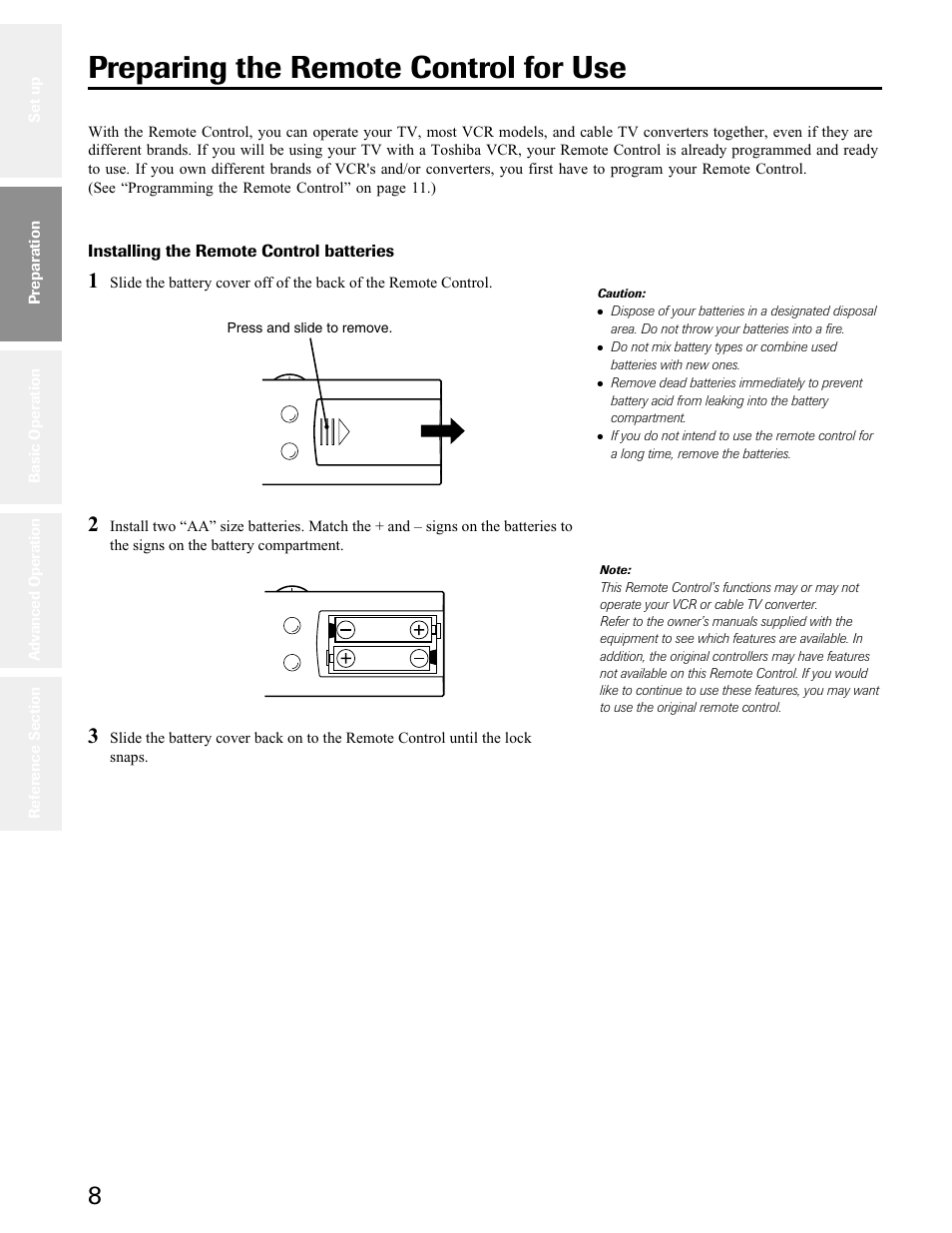 Preparation, Remote control for use, Preparing the remote control for use | Toshiba 27A50 User Manual | Page 8 / 38