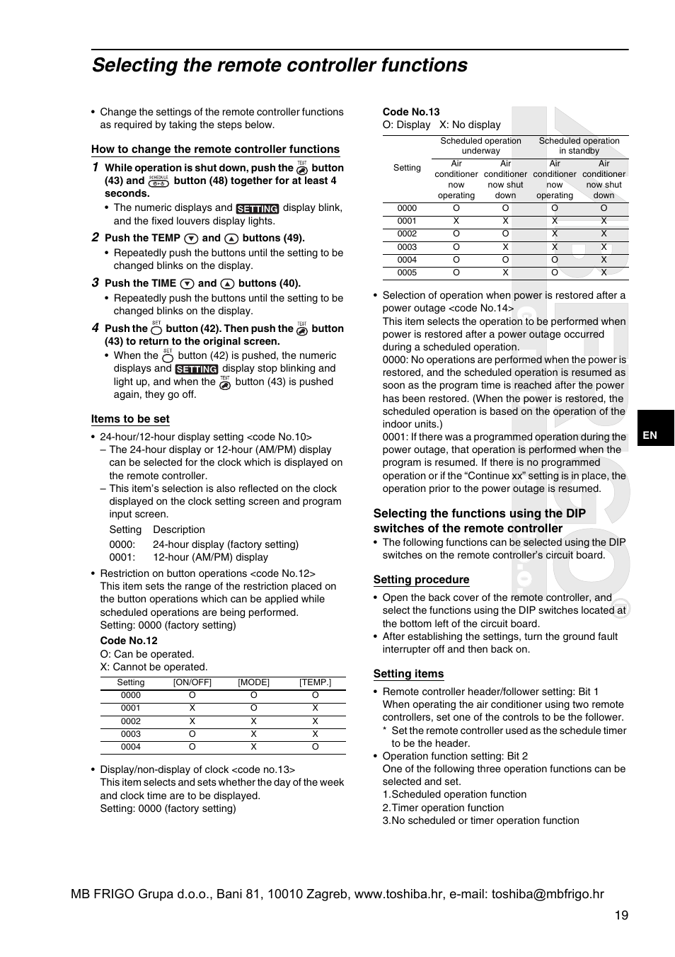 Grupad.o.o, Selecting the remote controller functions | Toshiba RBC-AMS41E User Manual | Page 20 / 21