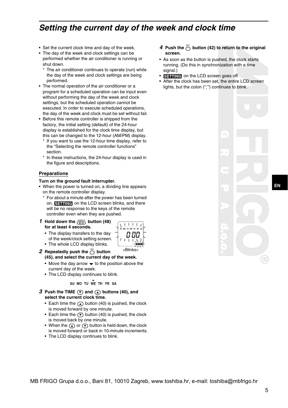 Grupad.o.o, Setting the current day of the week and clock time | Toshiba RBC-AMS41E User Manual | Page 6 / 21