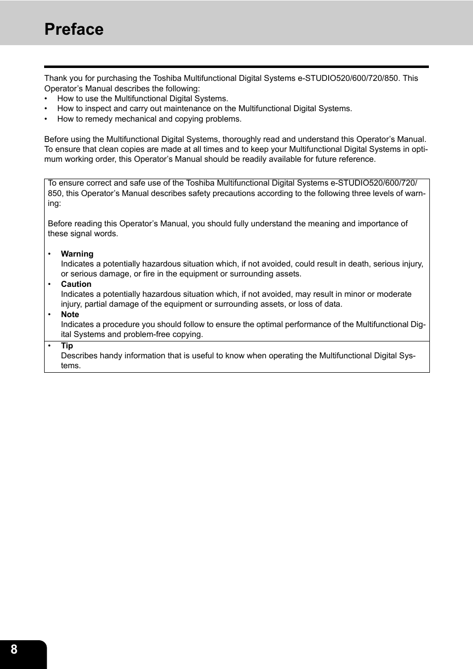 Preface | Toshiba E-STUDIO 850 User Manual | Page 10 / 338