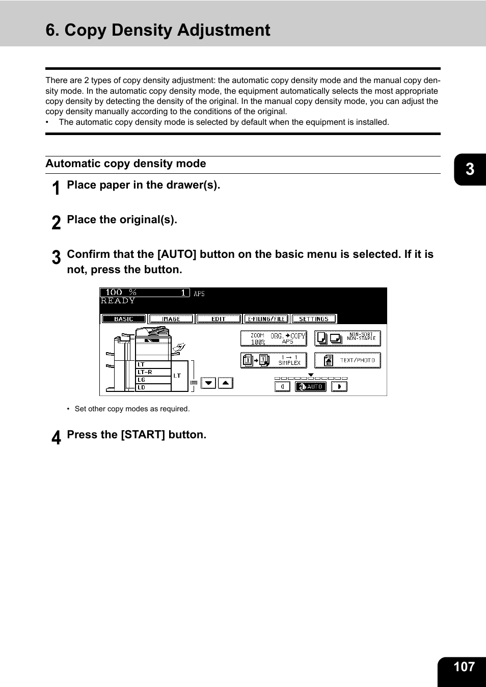 Copy density adjustment, Automatic copy density mode | Toshiba E-STUDIO 850 User Manual | Page 109 / 338