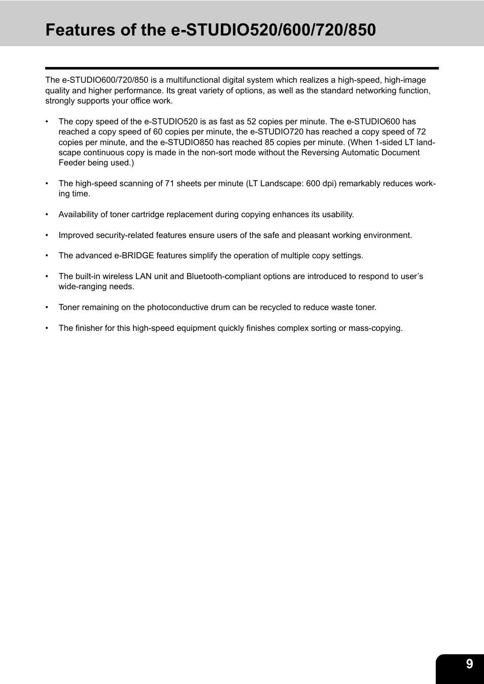 Features of the e-studio520/600/720/850 | Toshiba E-STUDIO 850 User Manual | Page 11 / 338