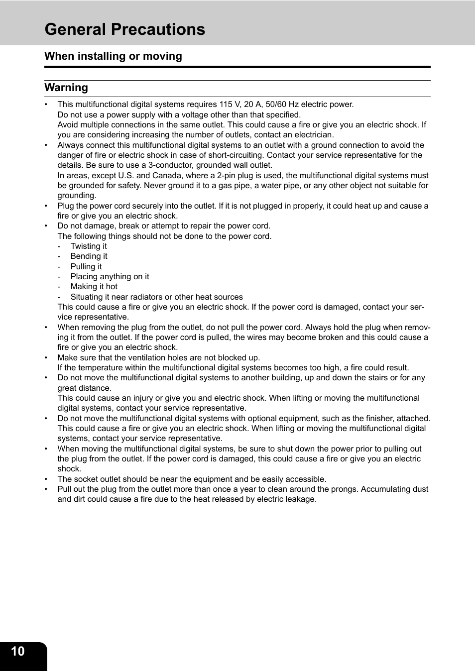 General precautions, When installing or moving, Warning | When installing or moving warning | Toshiba E-STUDIO 850 User Manual | Page 12 / 338
